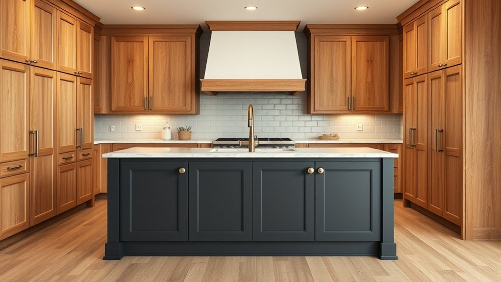 10 Tips to Make Oak Kitchen Cabinets Look Modern 7 contrast colored island enhances warmth