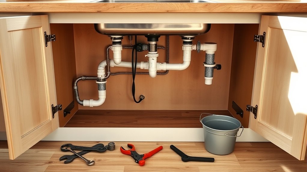 How to Replace Kitchen Sink Drain in 10 Easy Steps 4 empty cabinet wipe area
